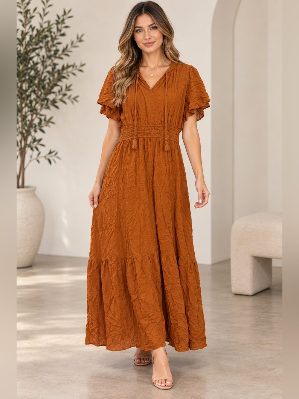 Knox Rose Rust Orange Boho Tiered Maxi Dress Size L – Flutter Sleeves